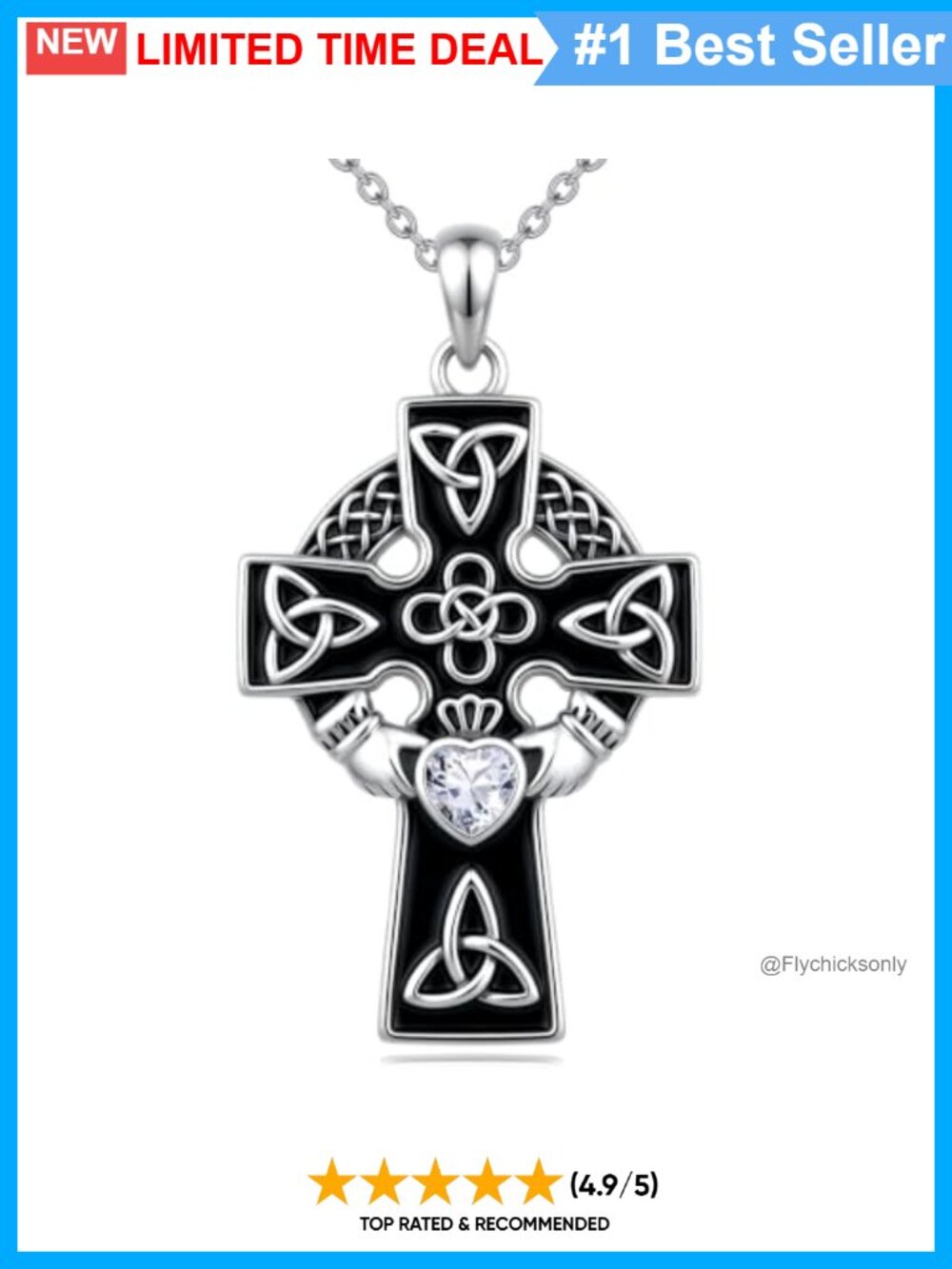 925 Sterling Silver Celtic Cross Necklace Simulated Diamond Pendant Religious
